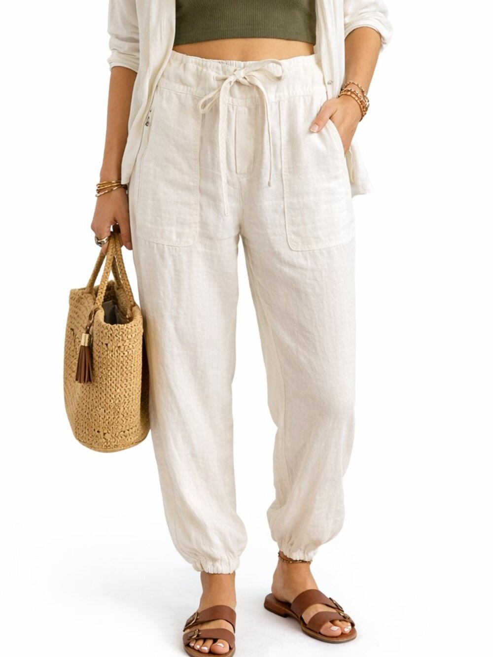 NWT Lou & Grey White Linen Jogger Pants Lightweight Beach XS